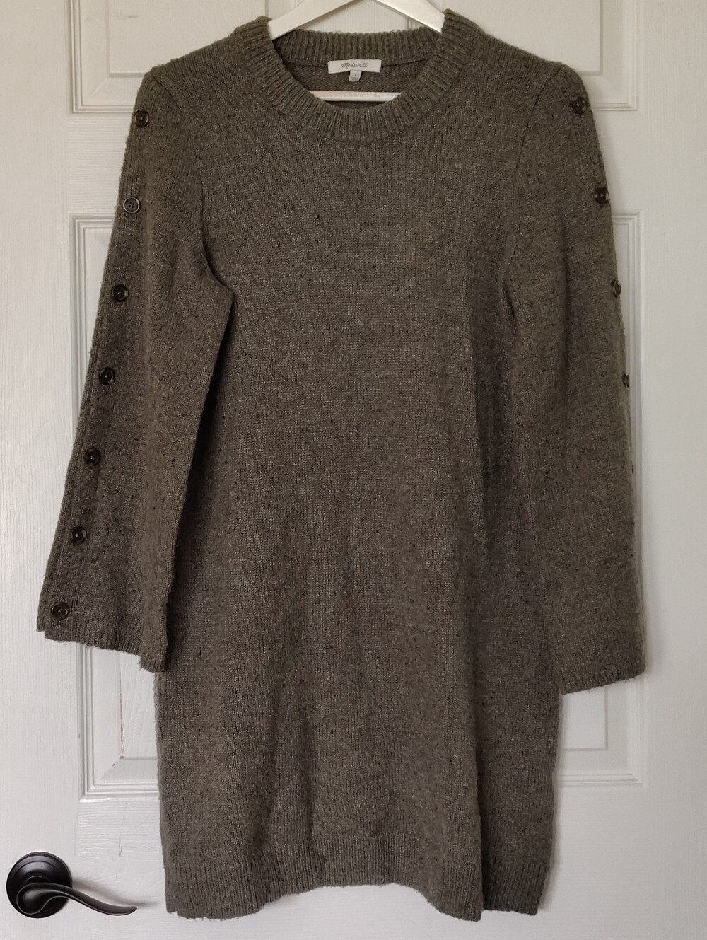 Madewell Donegal Button Sleeve Sweater Dress L Olive Green Wool Blend Mini